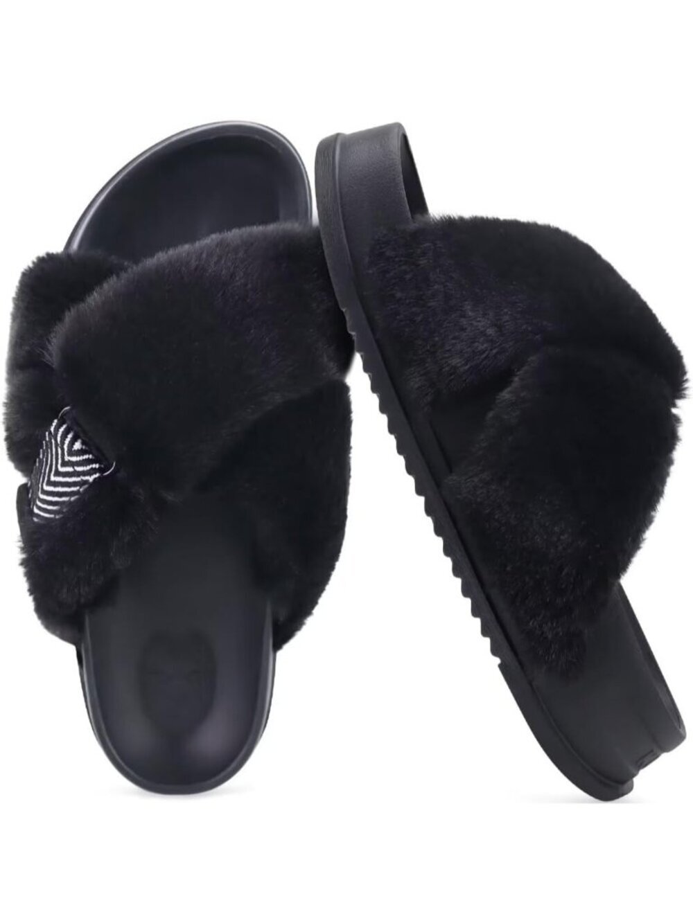 Women's 01-Black Fuzzy Cross Band Platform Slippers Comfortable Indoor Outdoor